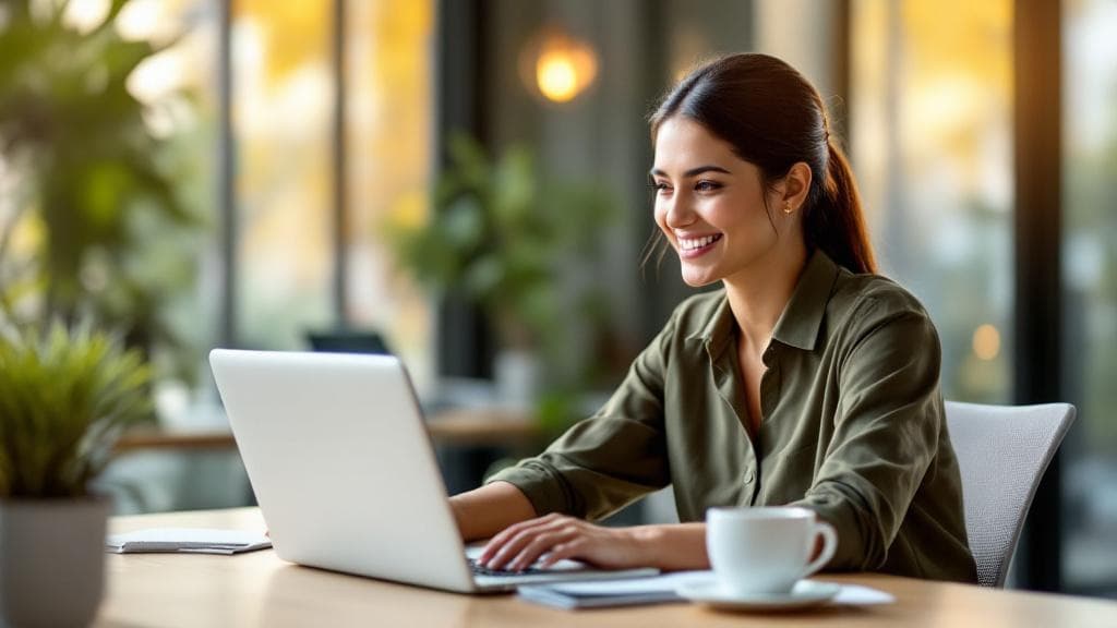 Happy professional enjoying coffee at a clean organized desk