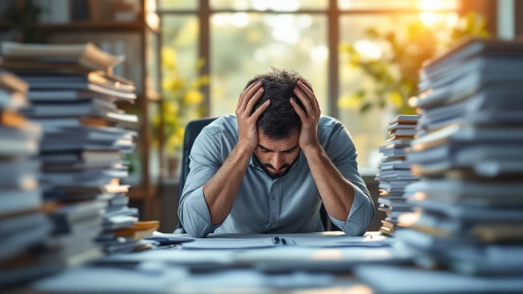 Stressed legal professional surrounded by stacks of paper